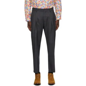 4SDESIGNS Navy Wool Check Triple Pleat Trousers