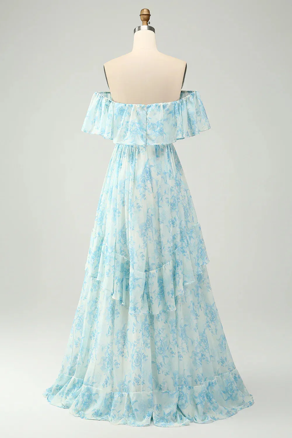 A Line Prom Dresses Off The Shoulder Tiered White Blue Floral Maxi Dress