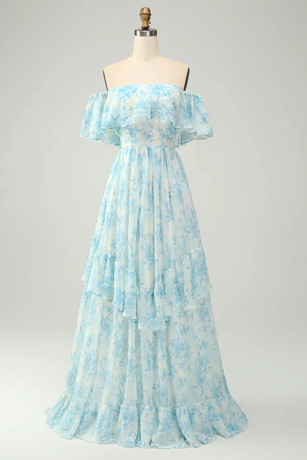 A Line Prom Dresses Off The Shoulder Tiered White Blue Floral Maxi Dress