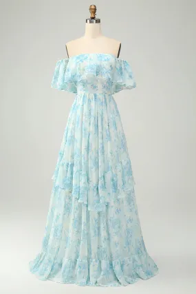 A Line Prom Dresses Off The Shoulder Tiered White Blue Floral Maxi Dress