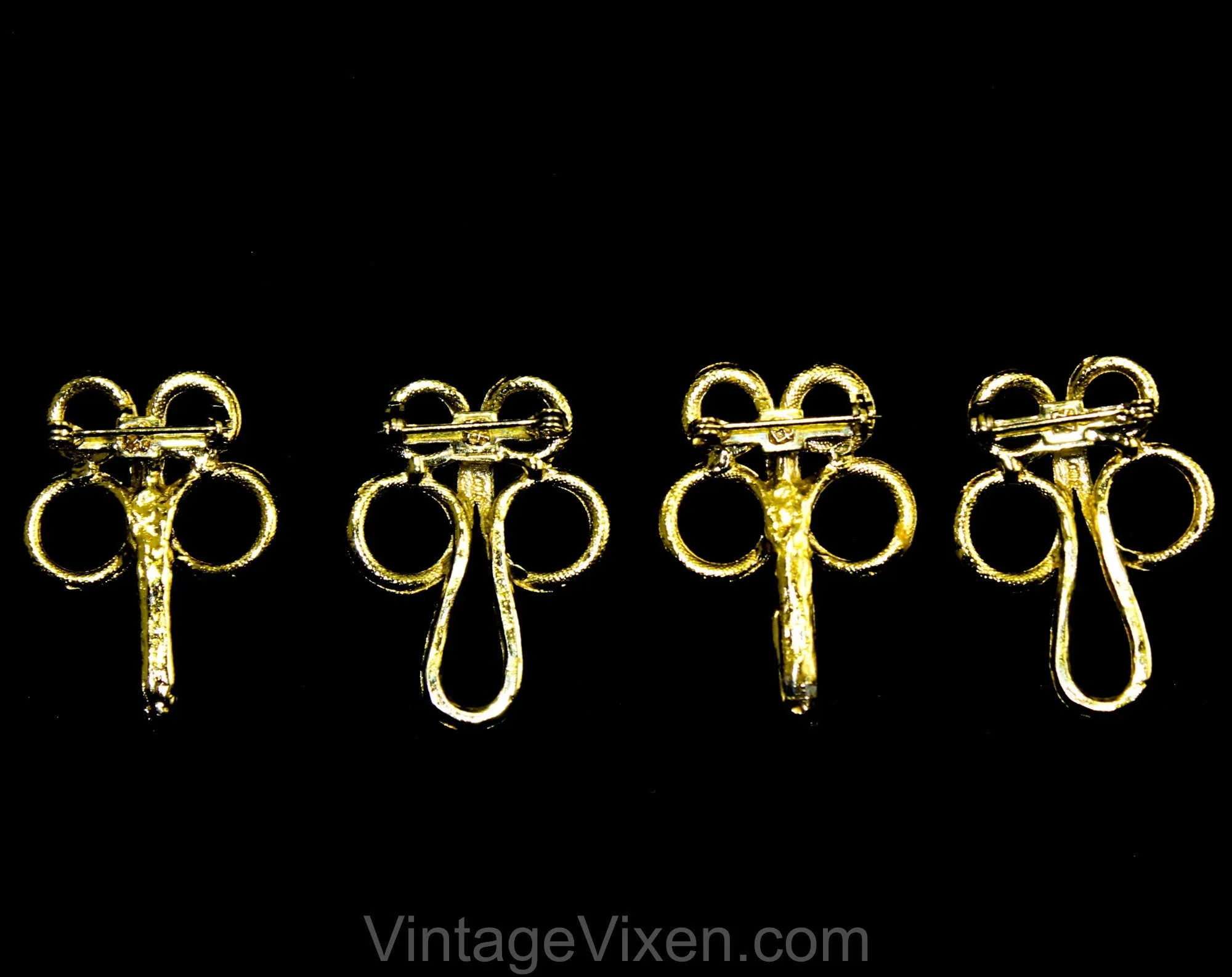 Asian Style Frog Closures Scatter Pin Set - 1950s 60s Functional Metal Hook and Eye Pairs - 4 Piece Gold Brooches - Unique Garment Closures