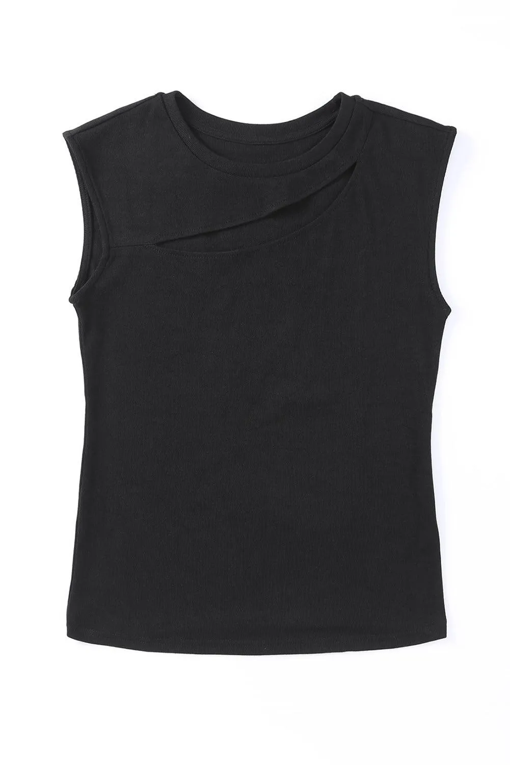 Black Solid Slash Cutout Summer Sleeveless Top