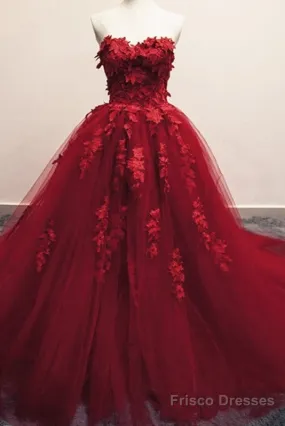 Burgundy Floral Lace Sweetheart Tulle Ball Gown Wedding Dresses