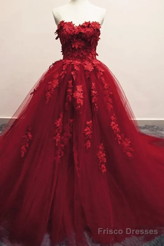 Burgundy Floral Lace Sweetheart Tulle Ball Gown Wedding Dresses