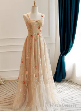 Champagne Floral Tulle Straps Sweetheart Wedding Party Dress, A-Line Tulle Long Prom Dress