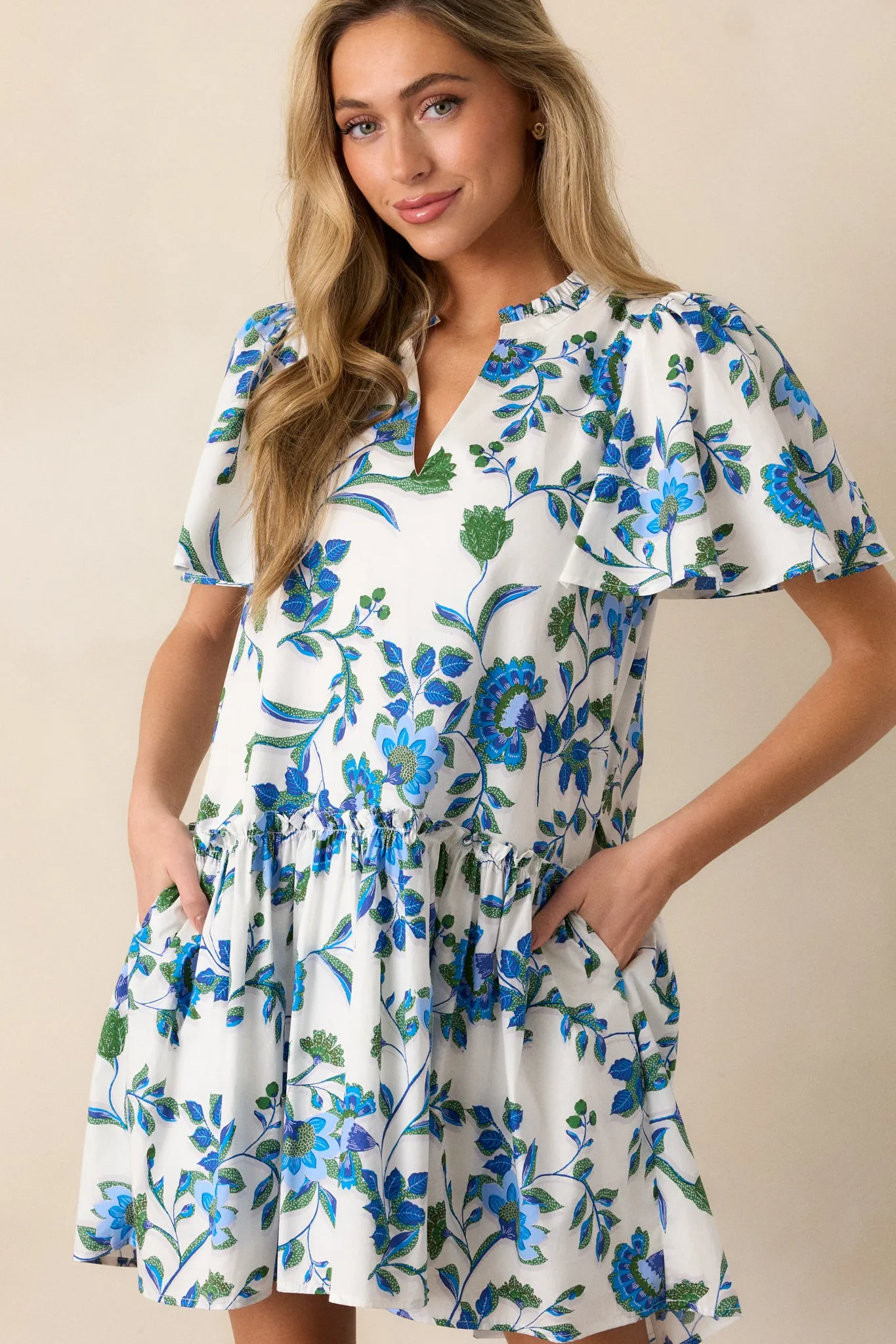 Crystal Waters 100% Cotton Blue Floral Mini Dress