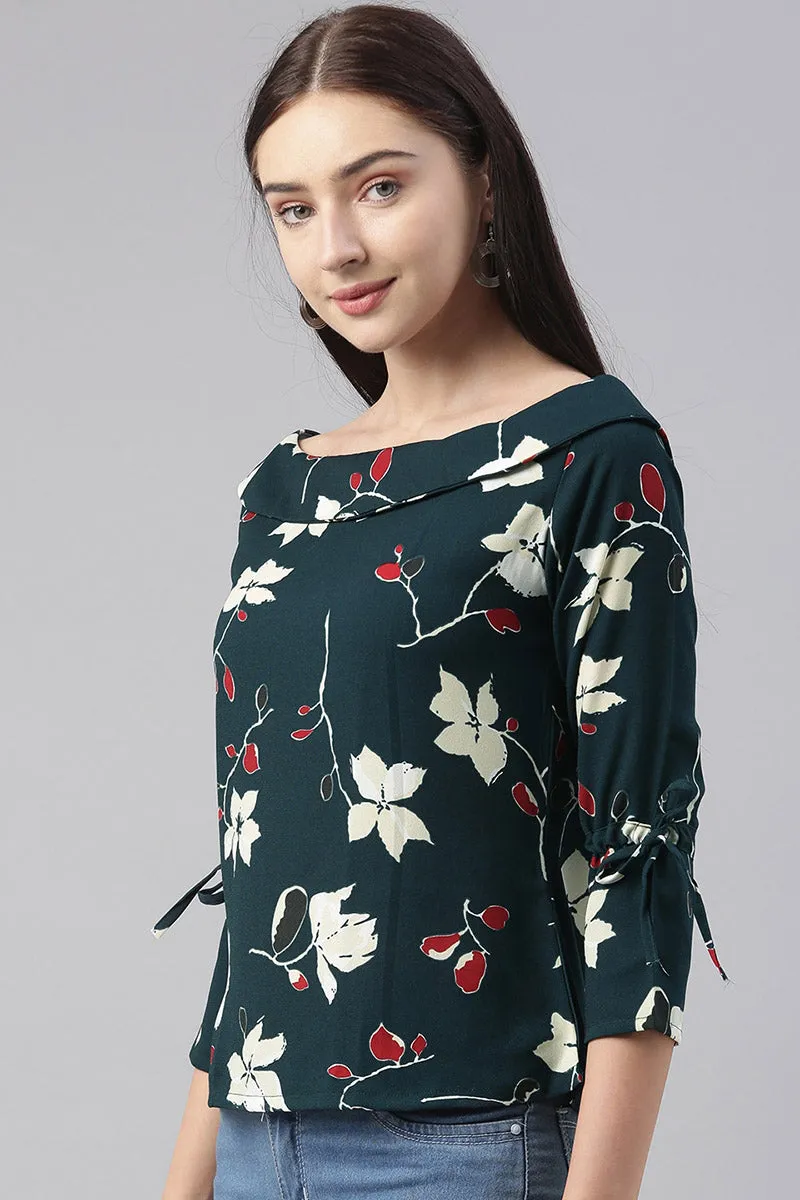 Dark Teal Green Georgette Floral Printed Boat-Neck Top