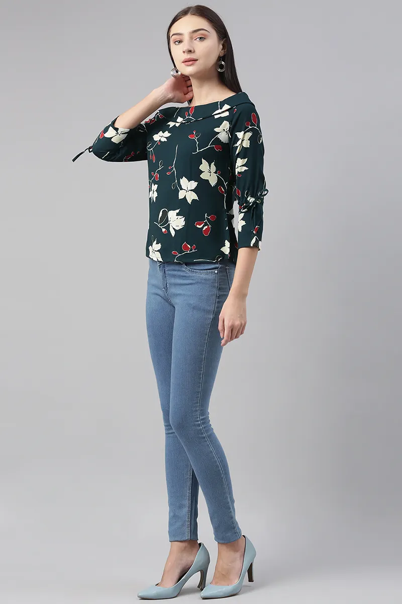 Dark Teal Green Georgette Floral Printed Boat-Neck Top