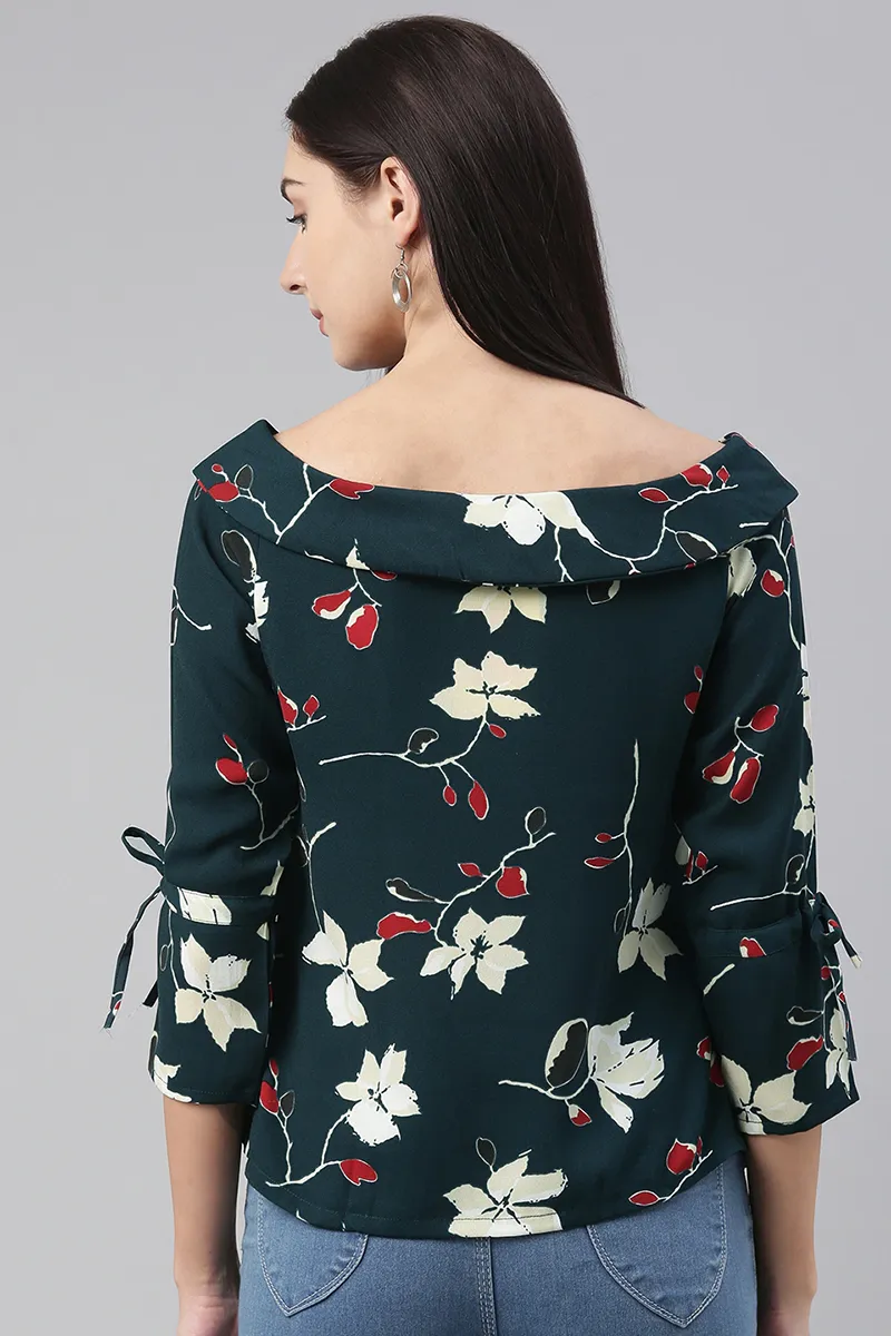 Dark Teal Green Georgette Floral Printed Boat-Neck Top