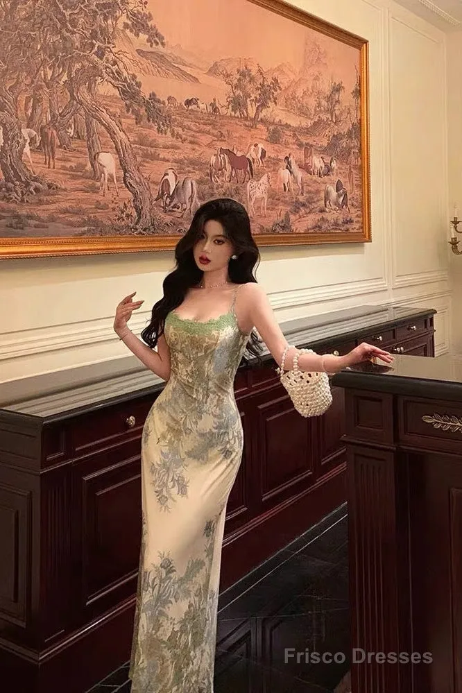 Elegant Sheath Spaghetti Straps Sage Green Floral Prom Dresses Birthday Outfits Evening Gown