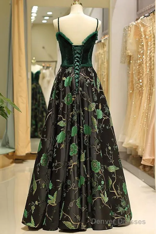 Embroidery Green Floral Long Prom Evening Dress