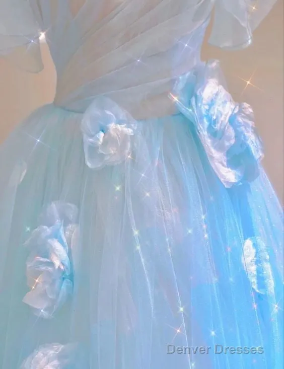 Fairy A Line Blue Floral Prom Dresses Evening Dress