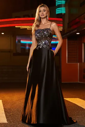 Fashion Square Prom Dresses Neckline Sequins Evening Dress Floral Stretch Satin Dress