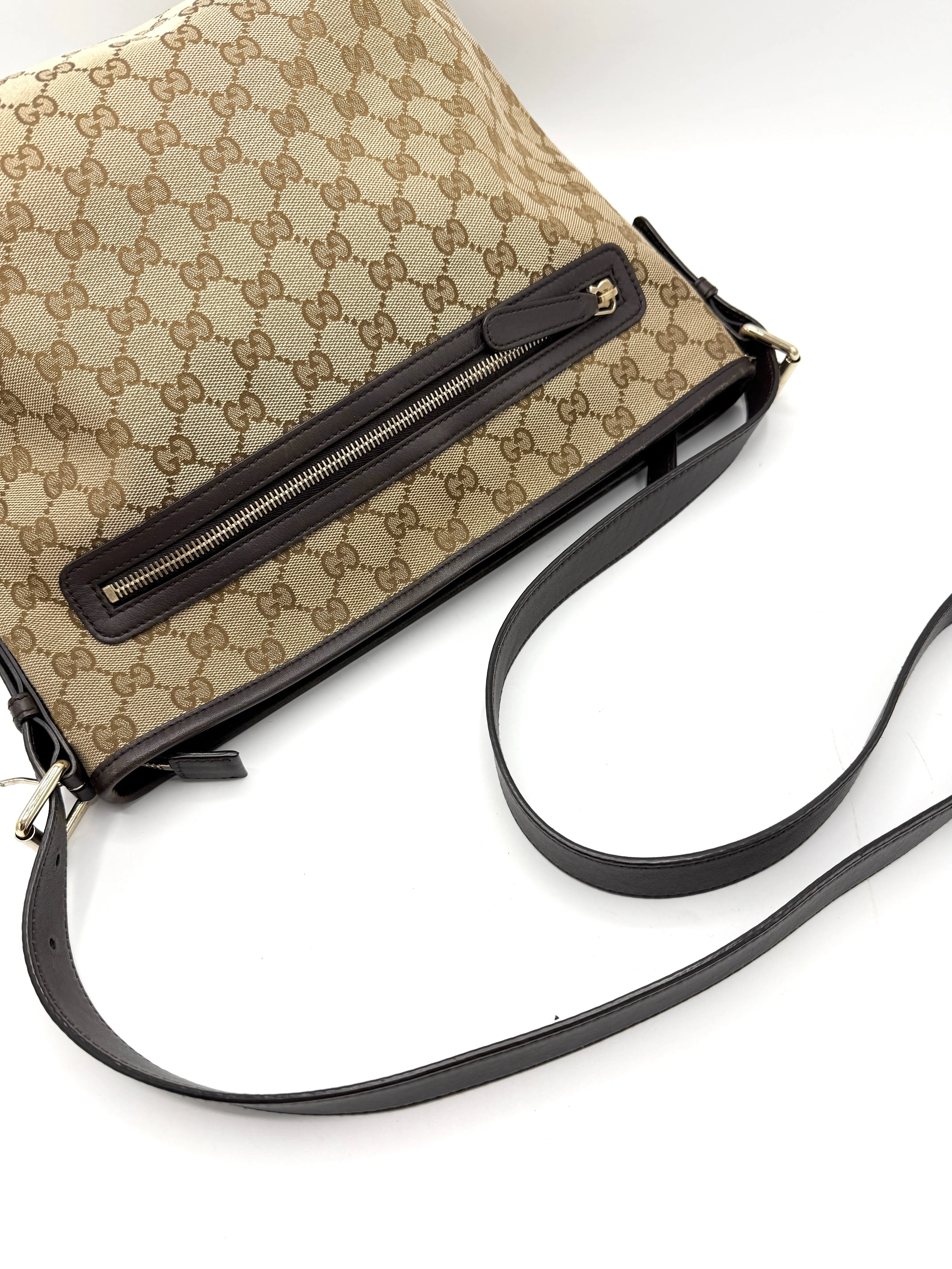 GG Brown Leather Trimmed Zip Crossbody