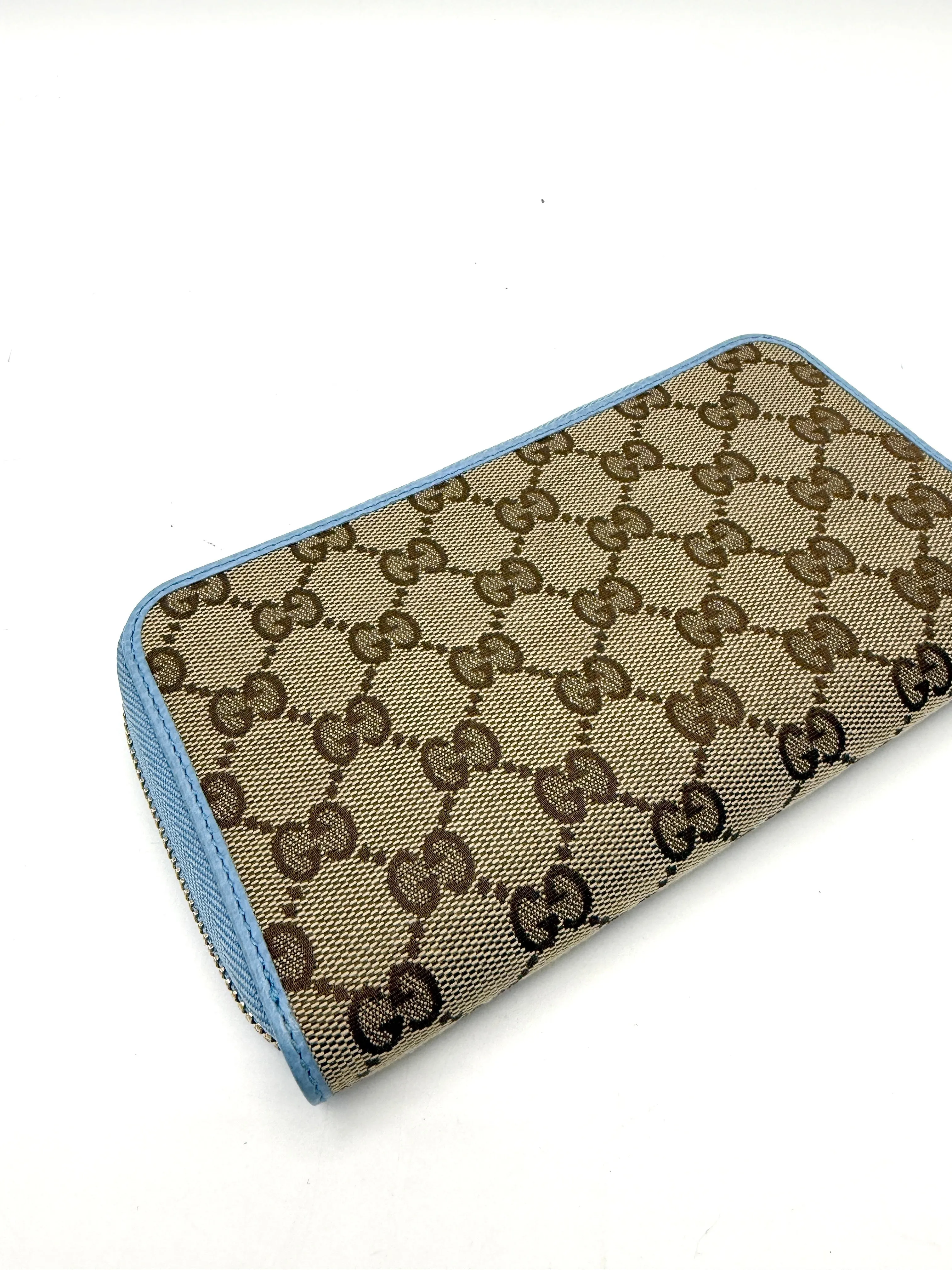 GG Slate Blue Leather Trimmed Zippy Long Wallet