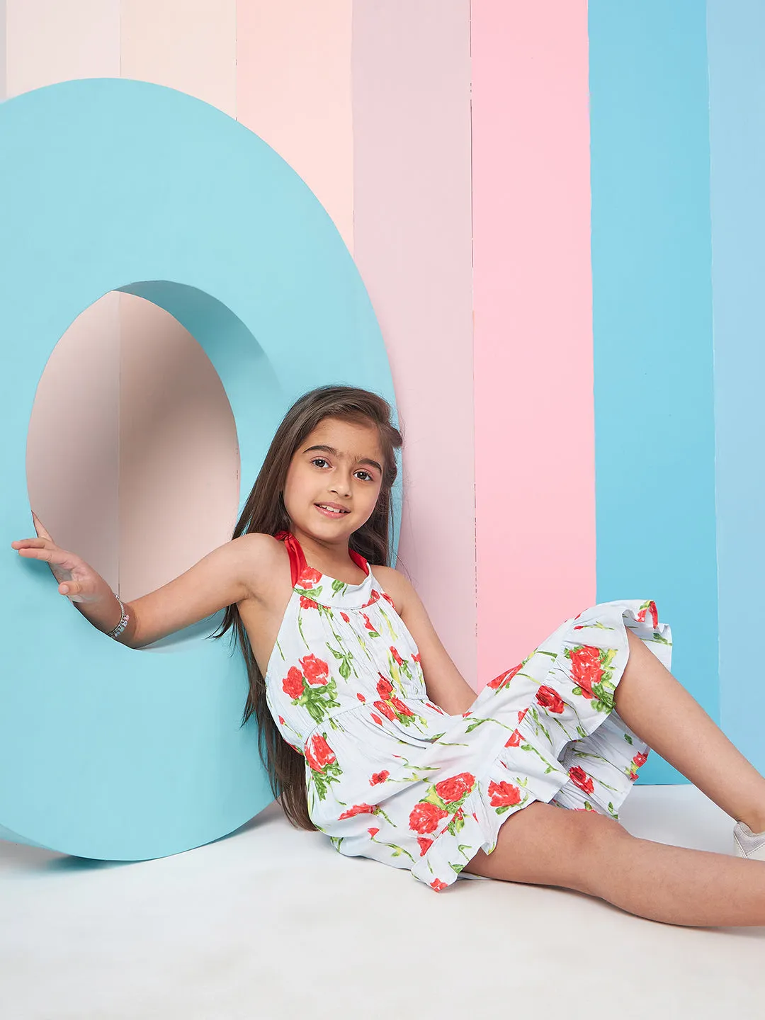 Girls Floral Printed Halter Neck Cotton A-Line Dress - PS Peaches