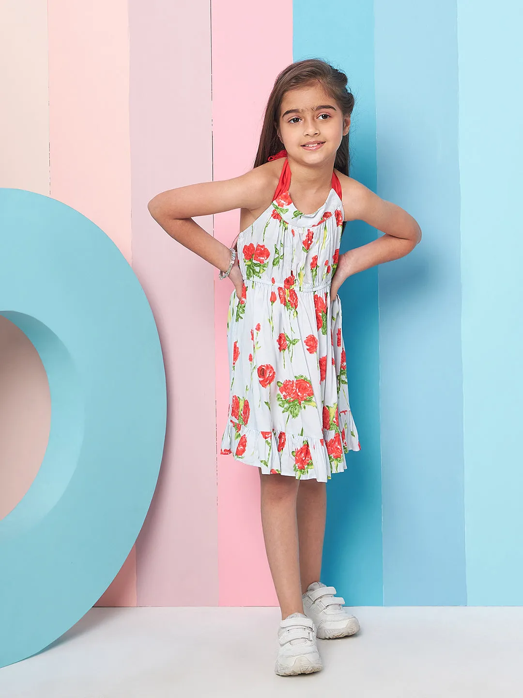Girls Floral Printed Halter Neck Cotton A-Line Dress - PS Peaches