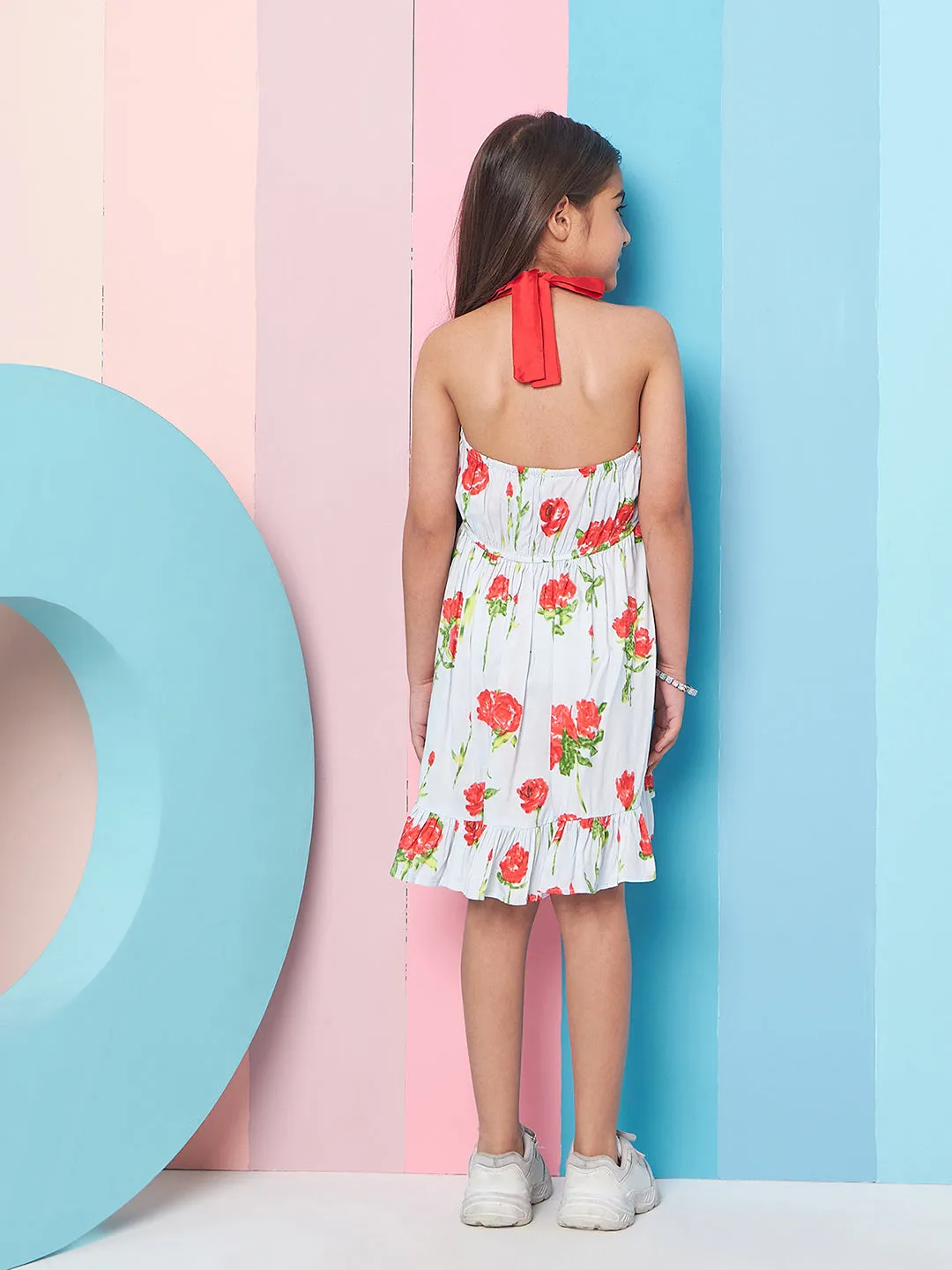 Girls Floral Printed Halter Neck Cotton A-Line Dress - PS Peaches