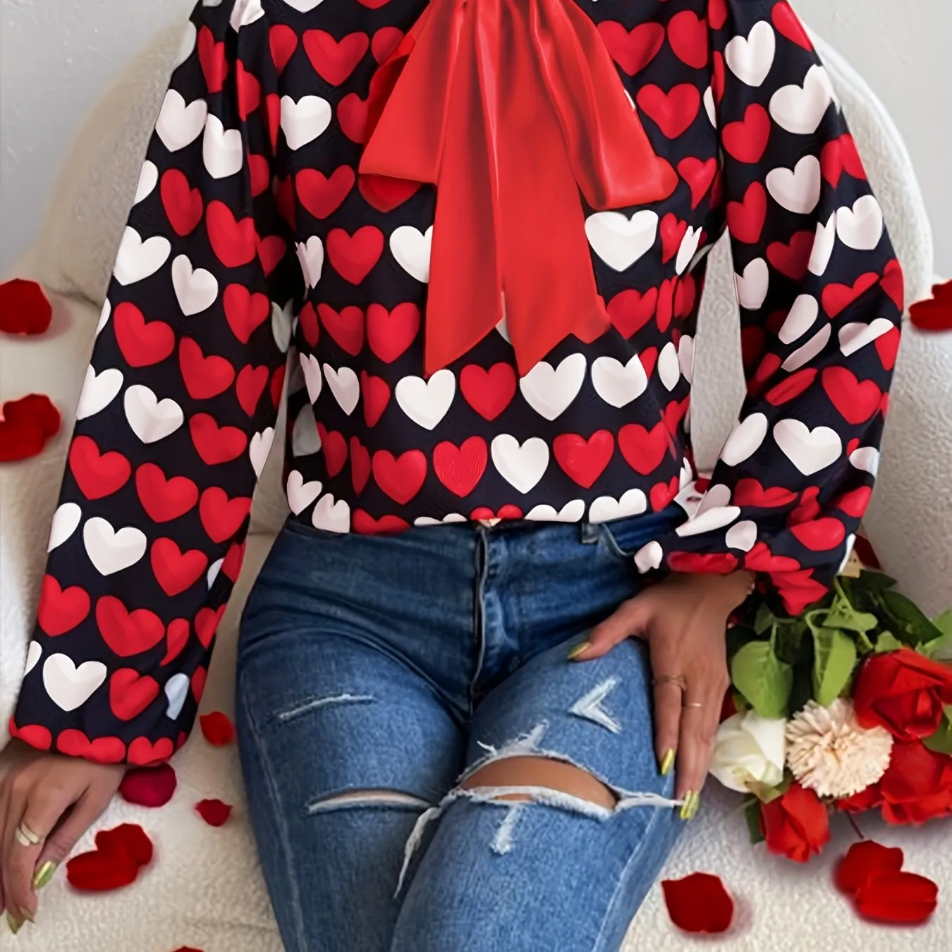 Heart Print Bow Front Blouse