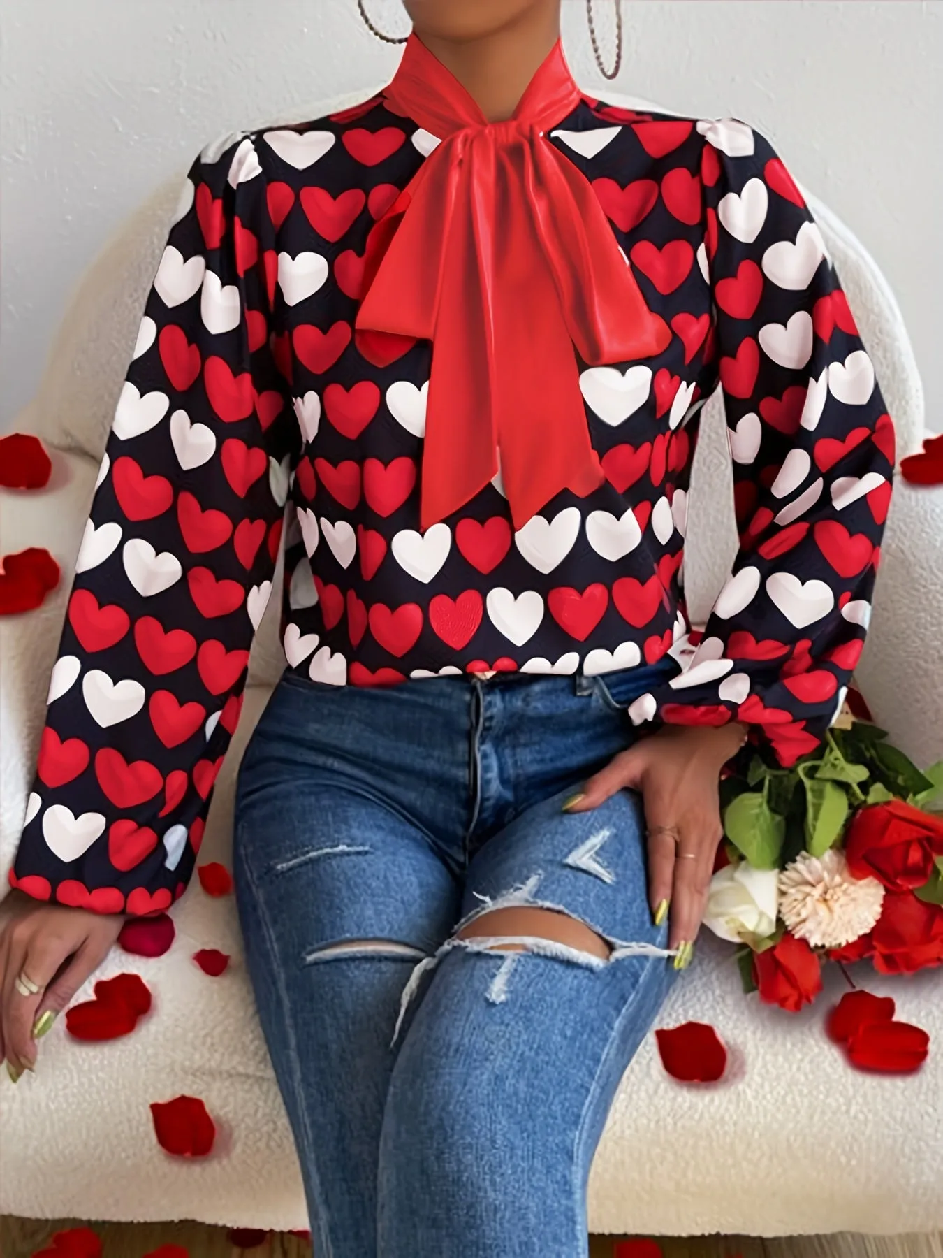Heart Print Bow Front Blouse