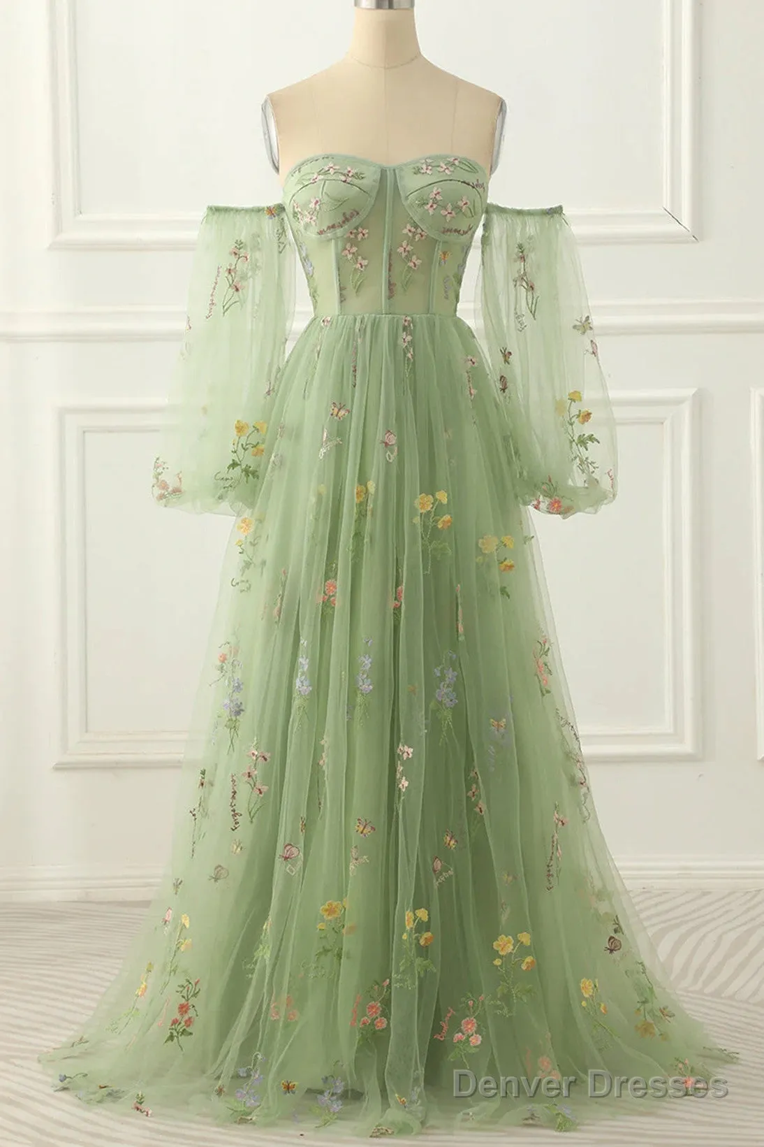 Light Green Tulle Floral Sleeves Long Party Dress, A-Line Light Green Prom Dress