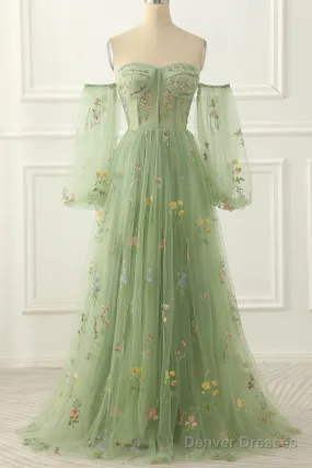 Light Green Tulle Floral Sleeves Long Party Dress, A-Line Light Green Prom Dress