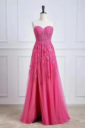 Long Fuchsia Prom Dresses Strapless A-Line Floral Formal Wear Slit