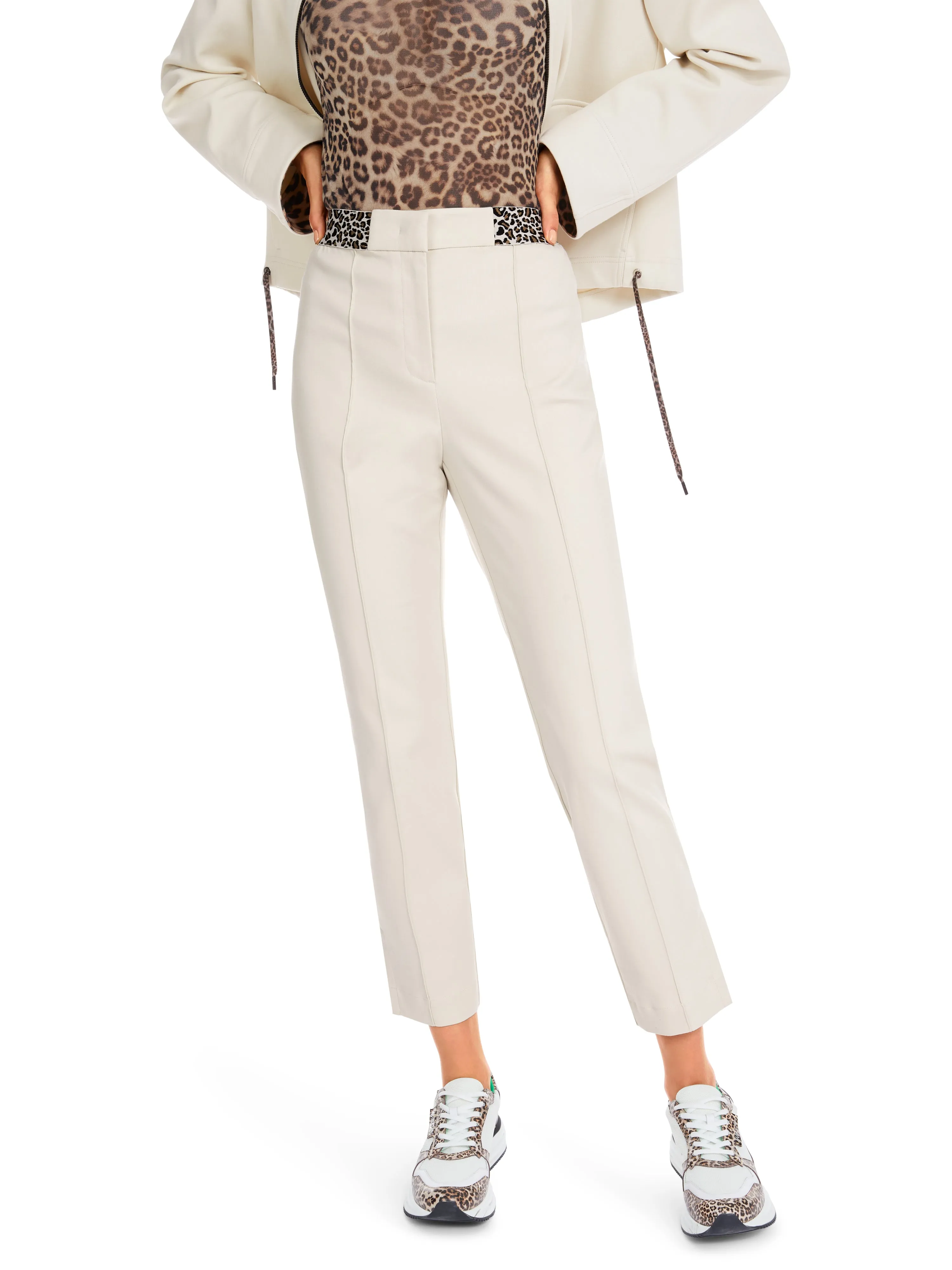 MARC CAIN Cream Trousers With Leopard Print Detail
