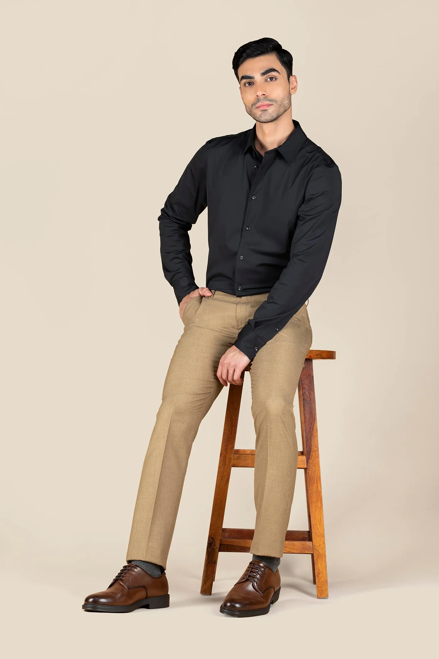 Men's Khaki Solid Formal Trousers
