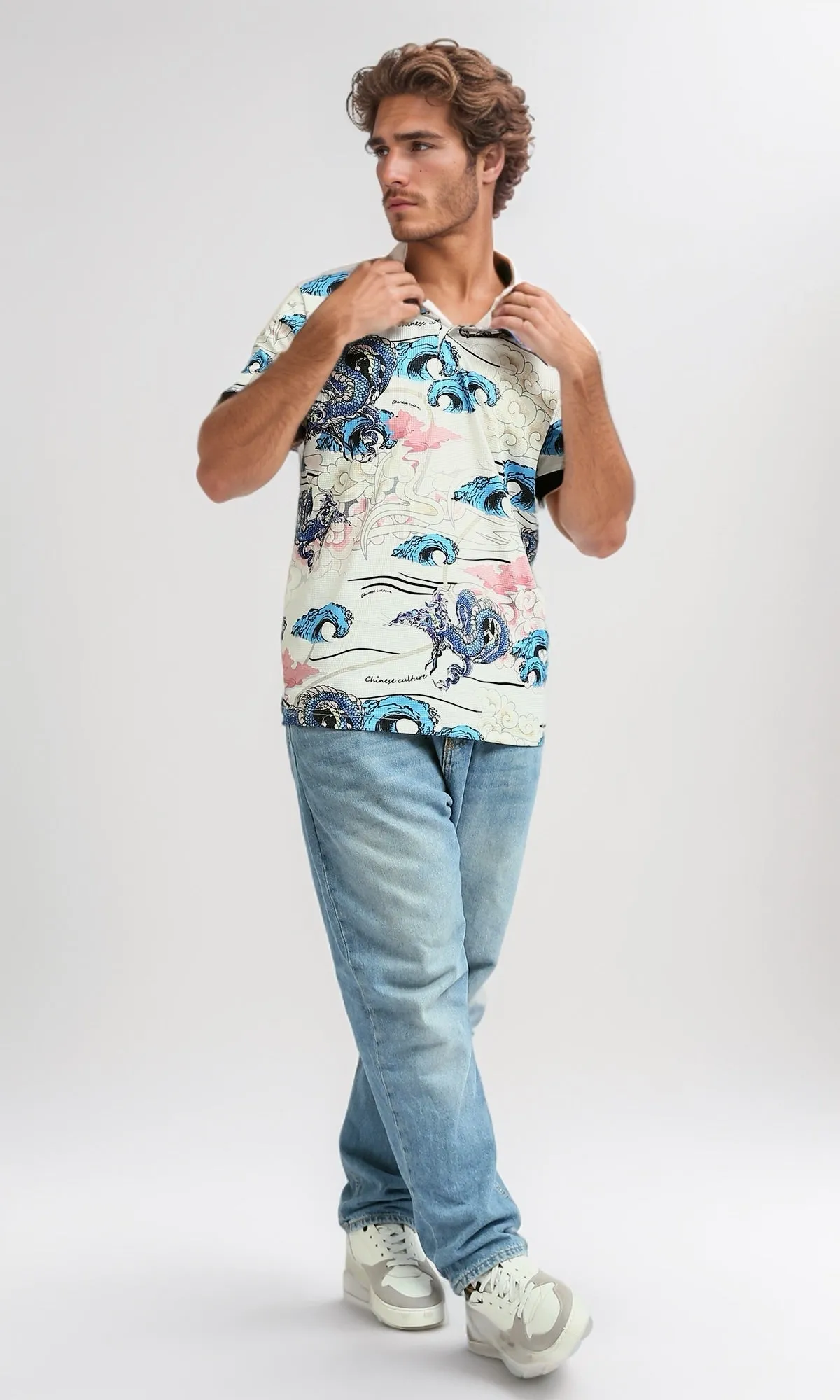 O198431 -  Printed Turn Down Polo T-shirt - Multicolor