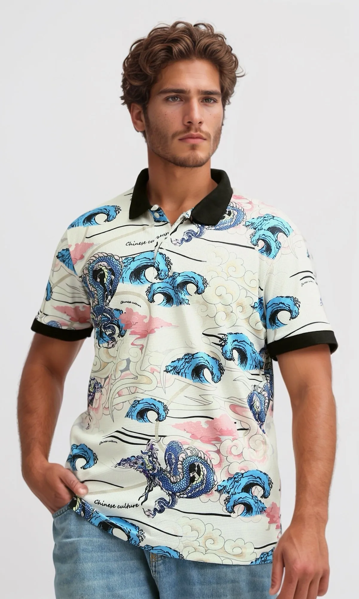 O198431 -  Printed Turn Down Polo T-shirt - Multicolor