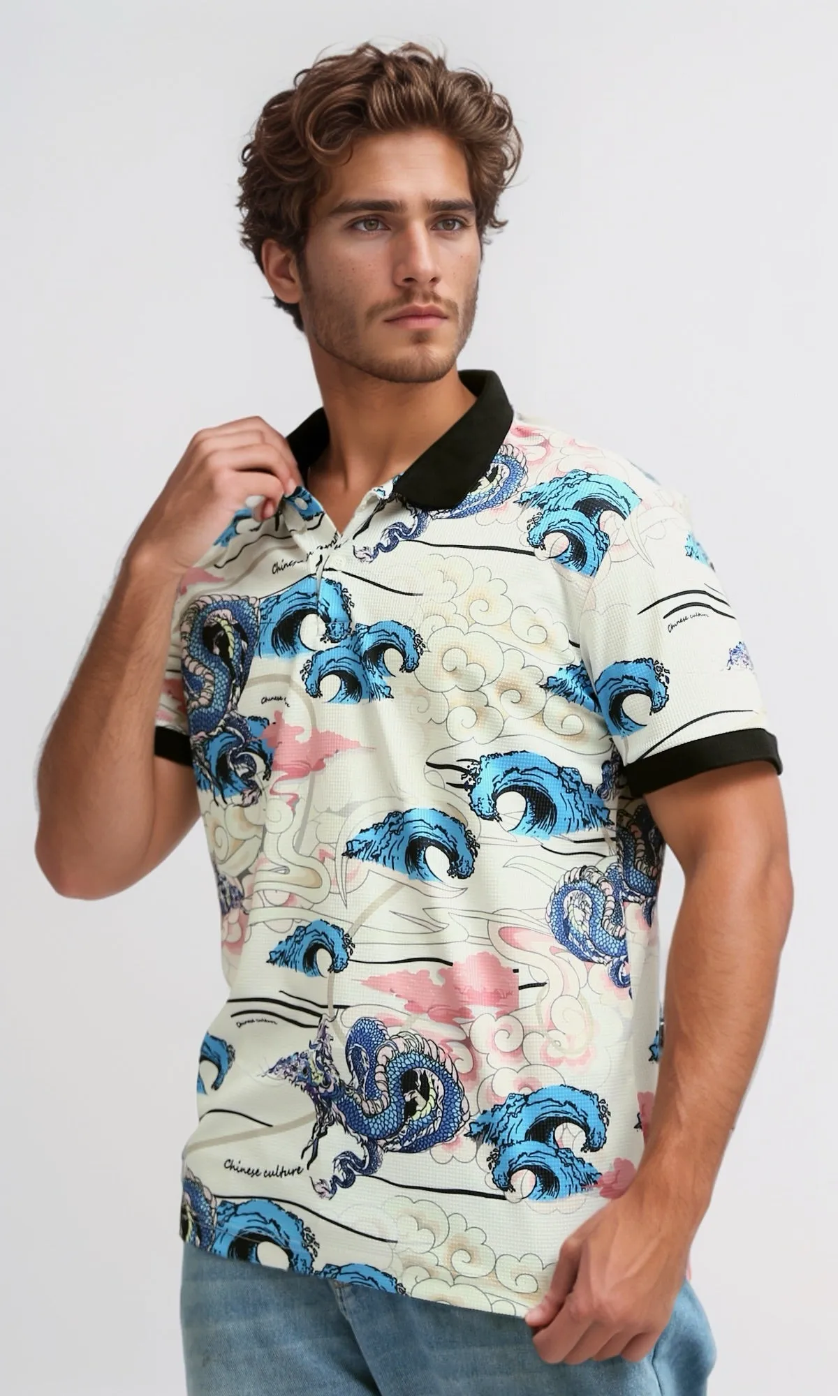 O198431 -  Printed Turn Down Polo T-shirt - Multicolor