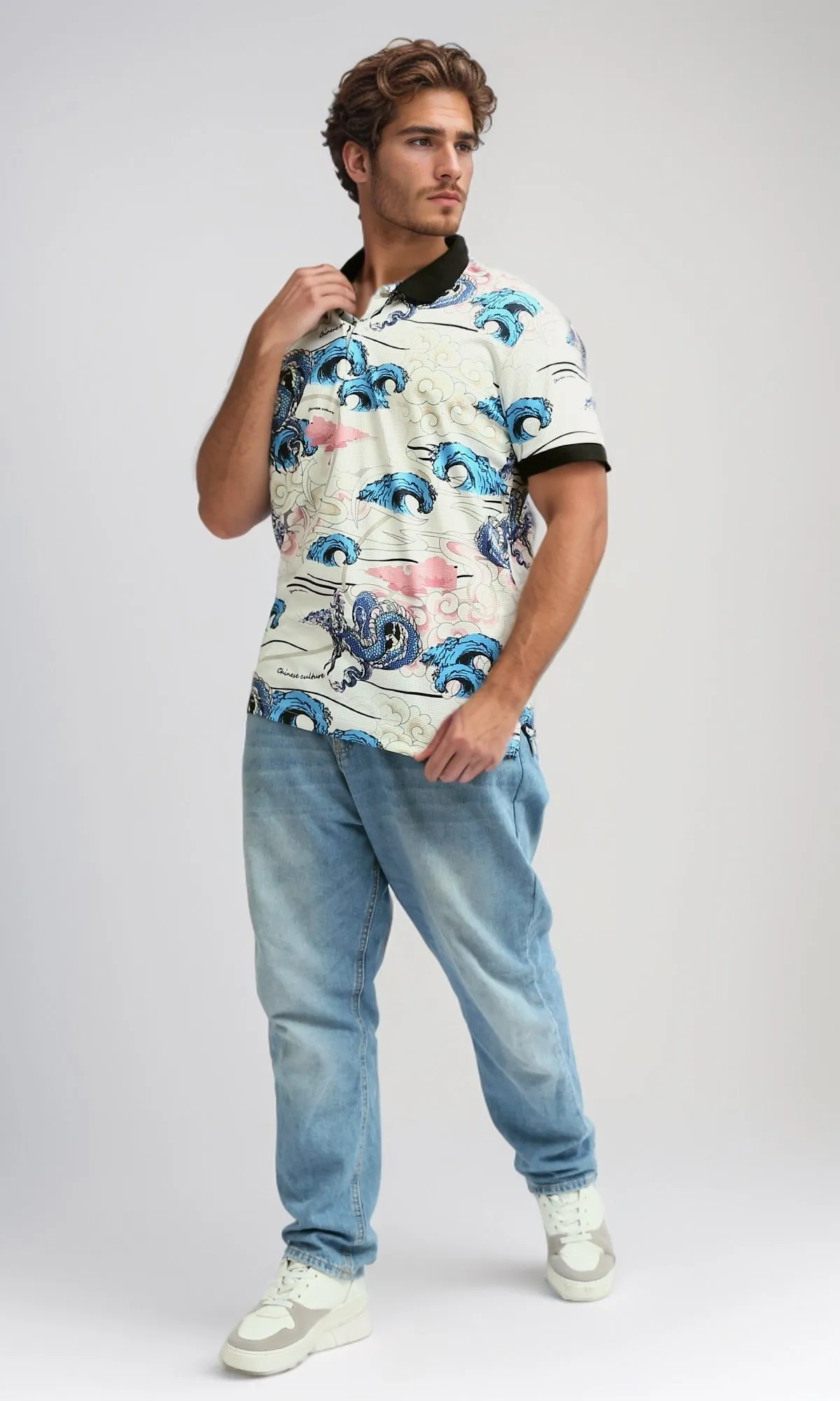 O198431 -  Printed Turn Down Polo T-shirt - Multicolor