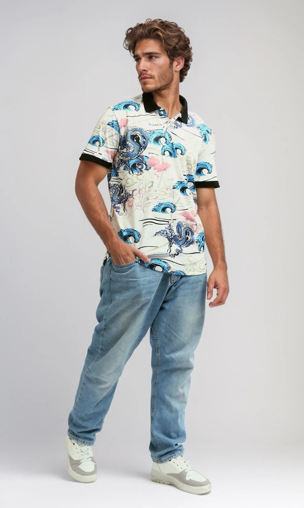 O198431 -  Printed Turn Down Polo T-shirt - Multicolor