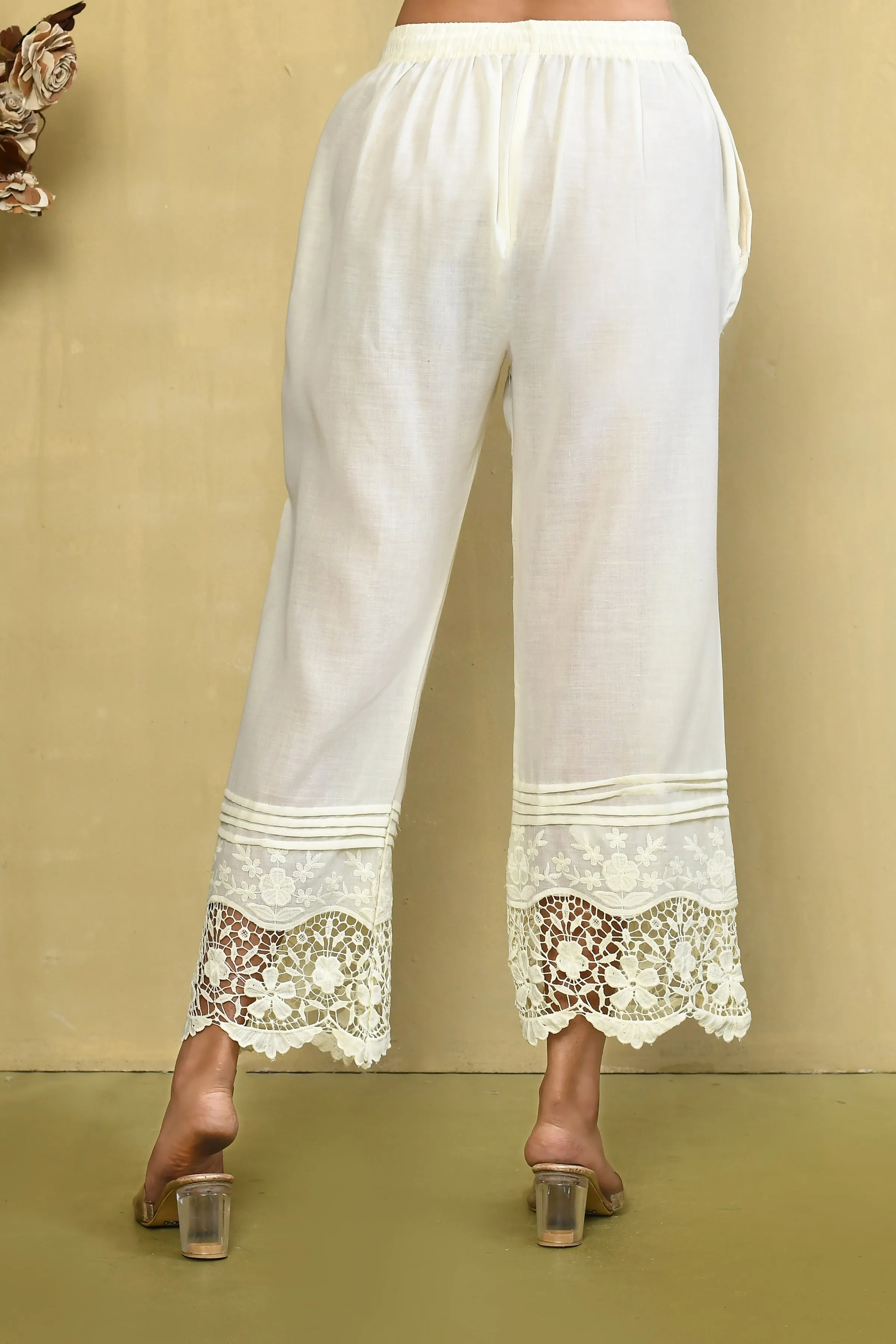 Off-White Straight Pant With Jaali Cutwork