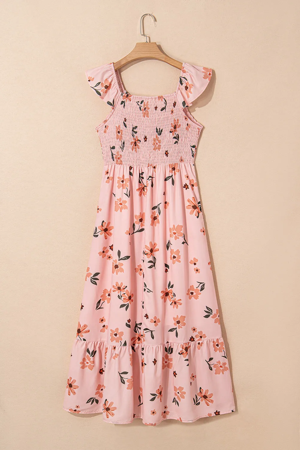 Pink Floral V Neck Smocked High Waist Ruffle Hem Long Dress
