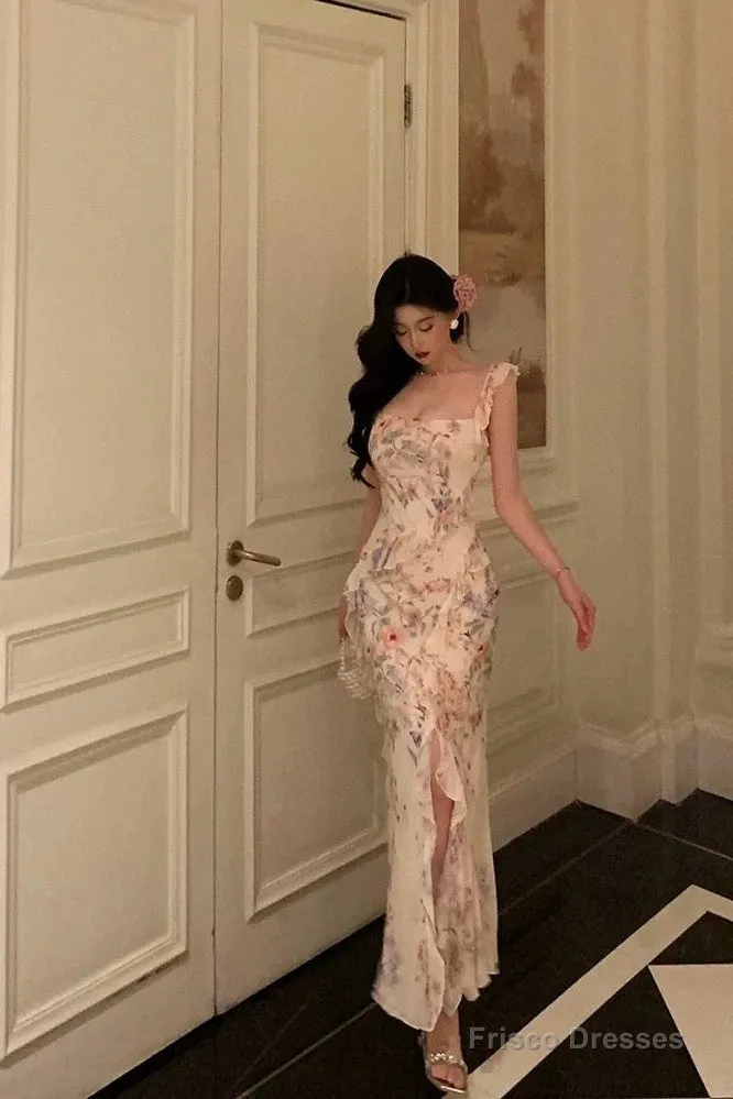 Pretty Sheath Straps Floral Chiffon Long Prom Dresses Birthday Outfits Evening Gown