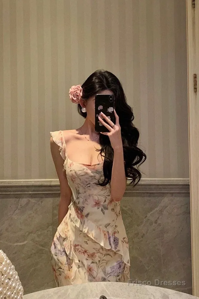 Pretty Sheath Straps Floral Chiffon Long Prom Dresses Birthday Outfits Evening Gown
