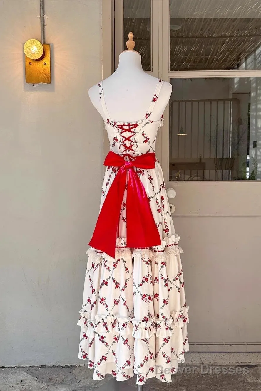 Sexy A Line Square Neckline Sleeveless WomenS Red Floral Holiday Dress Vacation Dresses Birthday Dress