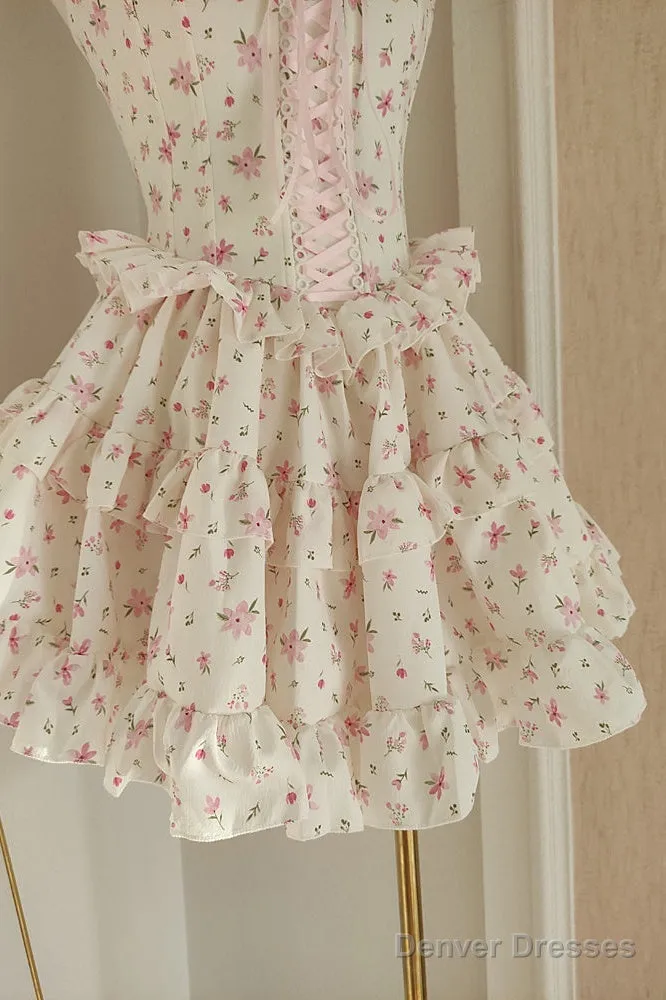 Sexy A Line Strapless Floral Holiday Dress Travel Vacation Dresses Short Chiffon Birthday Dress