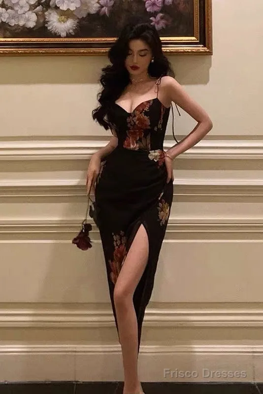 Sexy Sheath Spaghetti Straps Black Floral Slit Prom Dresses Birthday Outfits