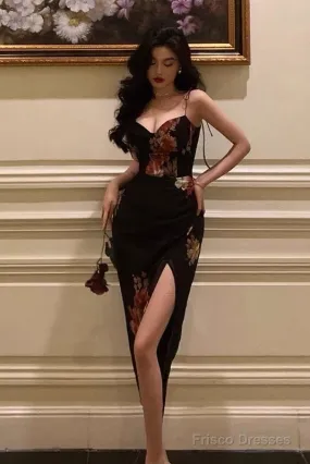 Sexy Sheath Spaghetti Straps Black Floral Slit Prom Dresses Birthday Outfits
