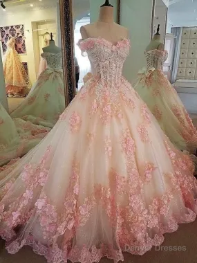 Sweet 16 Dresses Pink Lace Floral Prom Dresses Ball Gown Off The Shoulder Elegant Beaded Luxury Prom Gown