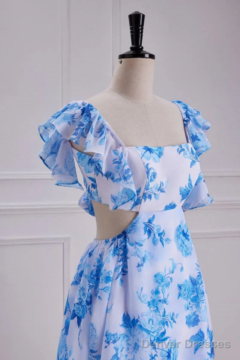 Sweet Blue Floral Print A Line Backless Ruffles Prom Dress
