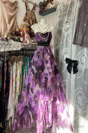 Vintage A Line Sleeveless Long Floral Chiffon Evening Dress Prom Dresses