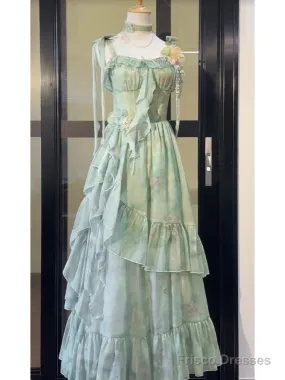 Vintage A Line Spaghetti Straps Green Floral Long Birthday Dresses Prom Dress Birthday Outfits