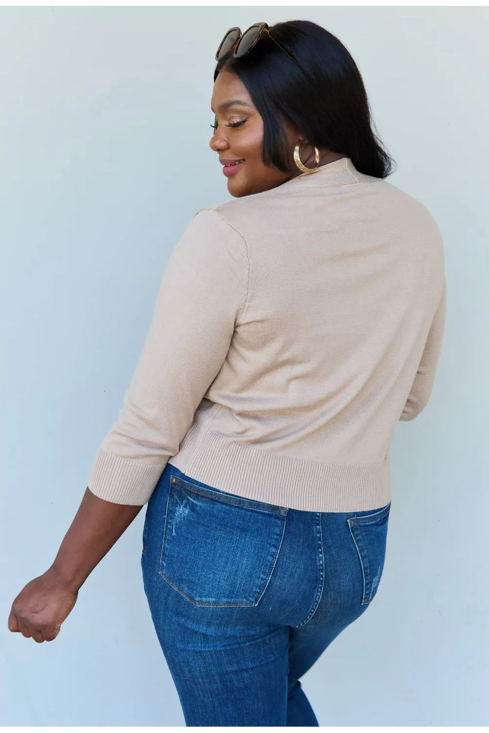 Women Doublju Full Size 3/4 Sleeve Cropped Cardigan in Khaki