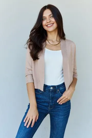 Women Doublju Full Size 3/4 Sleeve Cropped Cardigan in Khaki