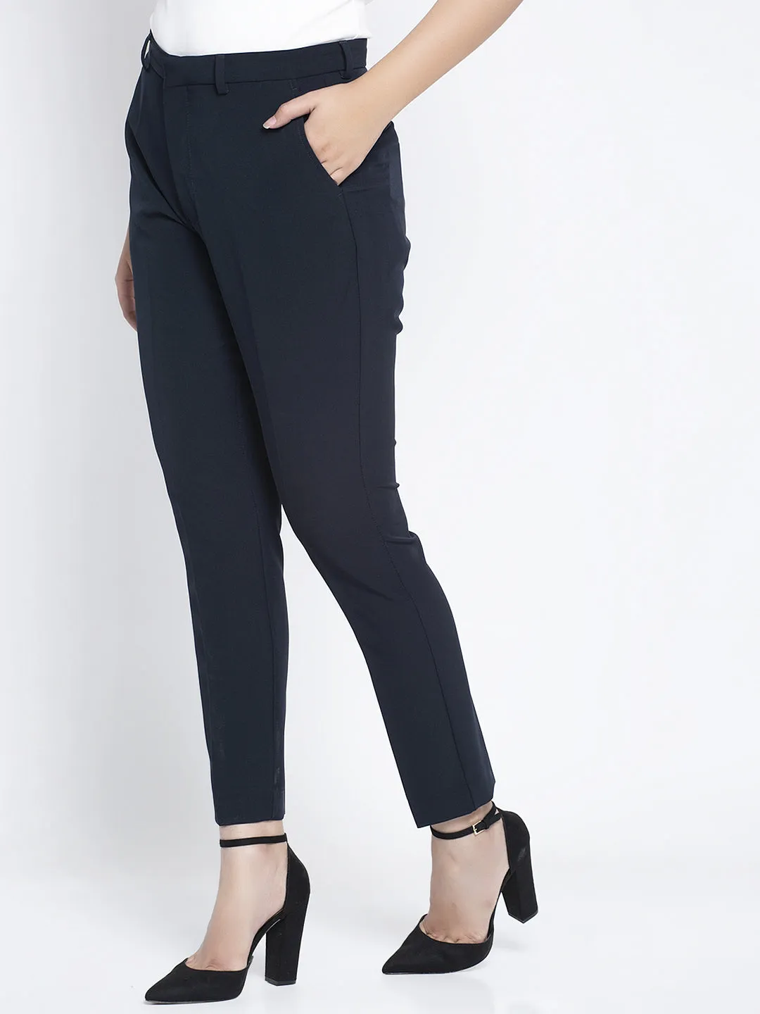 Women Navy Blue Solid Trousers